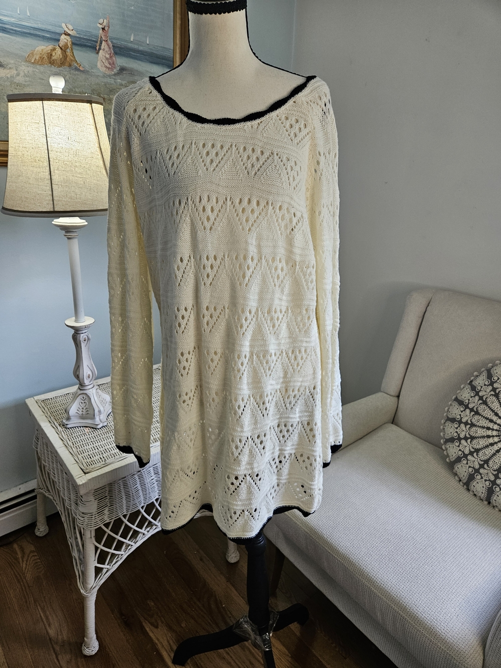 Cupshe Cream Open-Knit Long Sleeve Dress with Black Trim. P48. Holidays